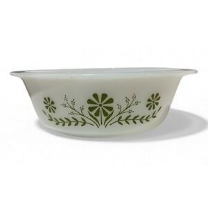 Vintage Glasbake 1.5 QT J2600 Round Green Daisy Milk Glass Casserole‎ Dish